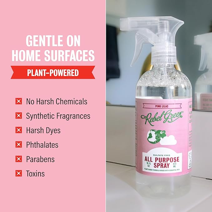 Rebel Green Natural All-Purpose Cleaning Spray - Plant-Based Multi-Surface Cleaner with Essential Oils for Kitchen, Bath, Countertops and More - Lilac Scent - 16 oz - 1 Pack