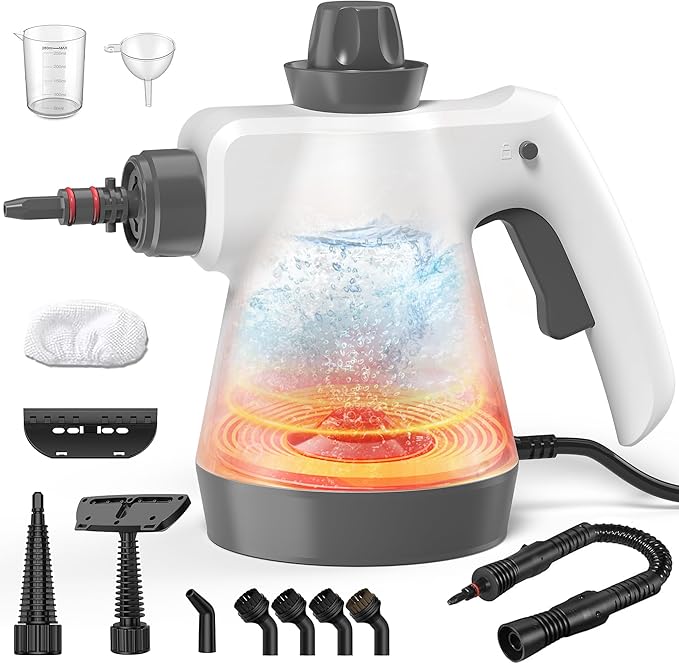 Steam Cleaner, Pressurized Handheld Steam Cleaner for Home with 12pcs Accessories & Safety Lock, Multi-Surface Powerful Natural Steamer for Deep Cleaning Grout, Kitchen, Bathroom, Car, Windows, White