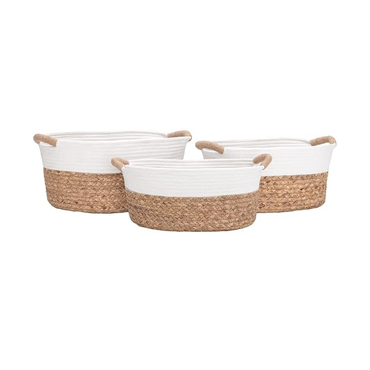 Seville Classics Premium Natural Handwoven Portable Laundry Bin Basket with Carrying Handles, Household Storage for Clothes, Linens, Sheets, Natural Water Hyacinth and White Rope, 3 Piece Set