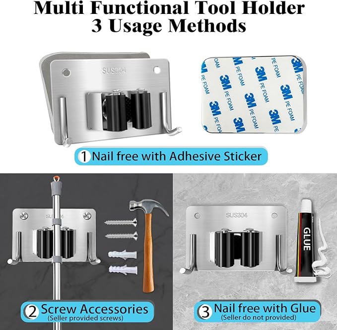 Mop and Broom Holder Wall Mount Stainless Steel 304 Tool Garage Organization Rack Scew and Self Adhesive Broom Hanger Heavy Duty 4pcs