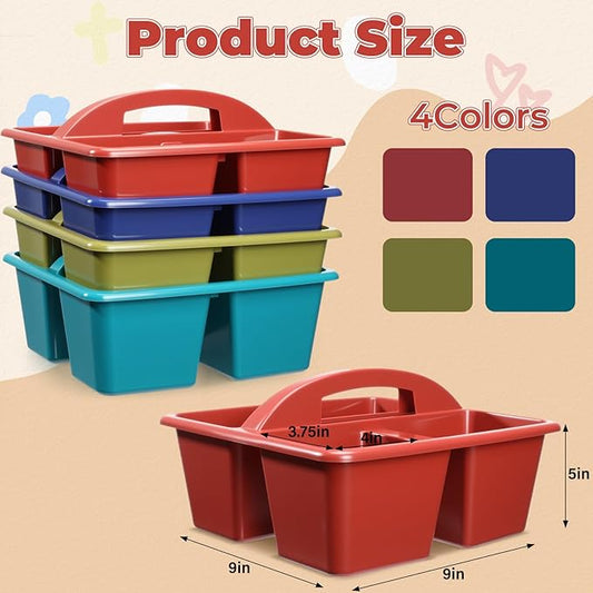 Kathfly 4 Pack Caddy Organizer with Handle, Stackable Organization Storage, Small Plastic Basket Classroom Caddy for Table Desk Office Pencil Kids Room Craft Art Teacher School Supplies (Deep Color)