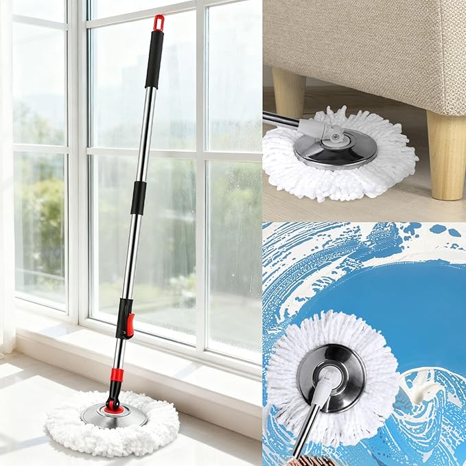 Spin Mop and Bucket with Wringer Set, 360°Rotating Head Mop Bucket System, 3 Replacement Mop Heads for Floor Cleaning (Black & Red) (Three mop Heads)