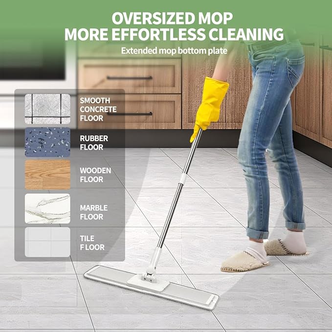 CQT Commercial Flat Microfiber Floor Mop Cleaning System 20" Wet Dry and Dust Hardwood with 4 Washable Pads Cleaner for Laminate Tile Stainless Steel Handle and Extension (PT15 New)