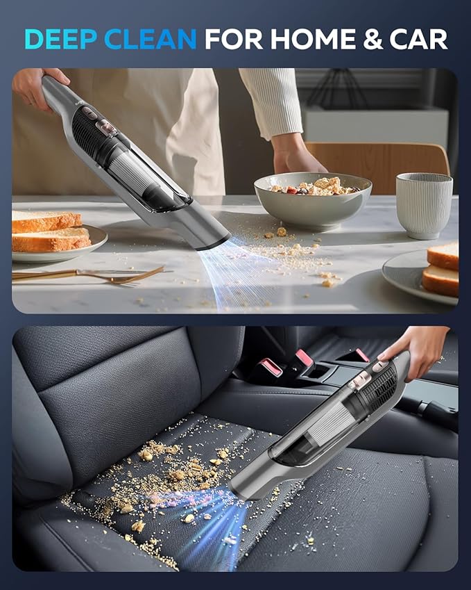 Zefiro Compact Powerful Cordless Handheld Vacuum, Rechargeable Portable Car Vacuum for Car & Pet Hair, XL Dust Cup, 25Kpa High Suction, Long Runtime, 2 Brushes, 2 Filters
