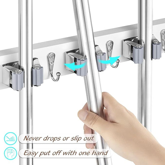 Mop and Broom Holder Wall Mount - White Broom Mop Hanger - Wall Mounted Garden Tool Rack Organizer for Closet Garage Laundry Room Kitchen Decor With 5 Slots & 4 Hooks