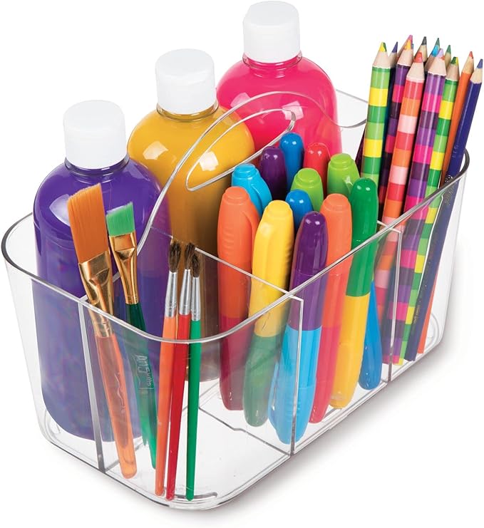 mDesign Plastic Portable Craft Storage Organizer Caddy Tote, Divided Basket Bin w/Handle - Craft, Sewing, Art Supplies - Holds Brushes, Colored Pencils - Lumiere Collection - Clear