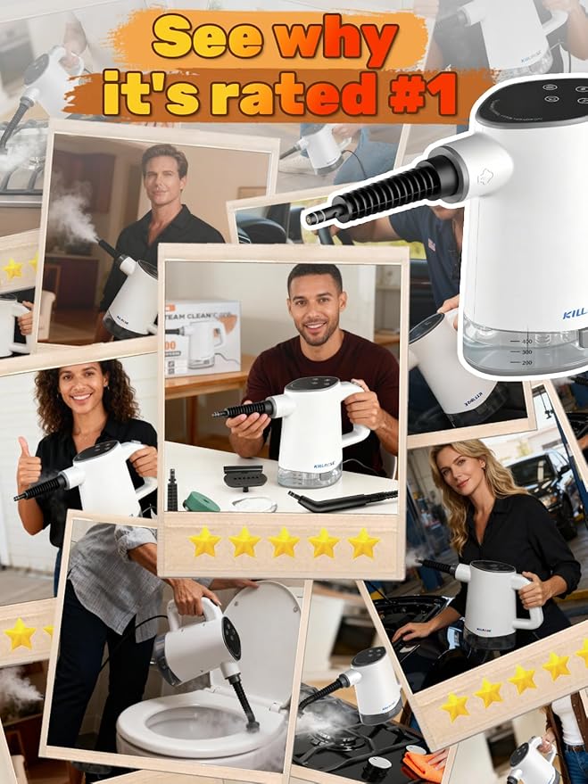 Killrose Handheld Steam Cleaner, Pressurized Steam Cleaner with 10–15s Fast Heat, Dual Power Modes & Self-Clean, Multi-Surface Steamer with 12 Accessories for Kitchen, Bathroom, Car