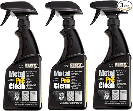 Flitz Metal Pre-Clean - 16oz of USA-Made Stainless Steel Cleaner Spray - Works on Aluminum, Brass, Copper, & More - Tarnish, Rust Remover for Metals - Non-Abrasive Aluminum Deoxidizer (3 Pack)