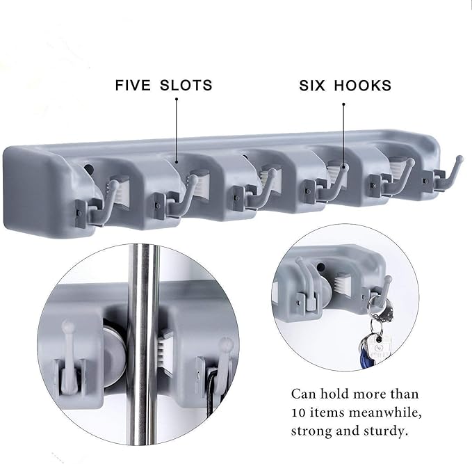 Mop and Broom Holder, Multipurpose Wall Mounted Heavy Duty Tool Organizer Storage Hooks,Ideal Broom Hanger for Kitchen Garden and Garage laundry room,5 Position with 6 Hooks