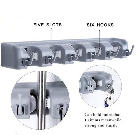 Mop and Broom Holder, Multipurpose Wall Mounted Heavy Duty Tool Organizer Storage Hooks,Ideal Broom Hanger for Kitchen Garden and Garage laundry room,5 Position with 6 Hooks