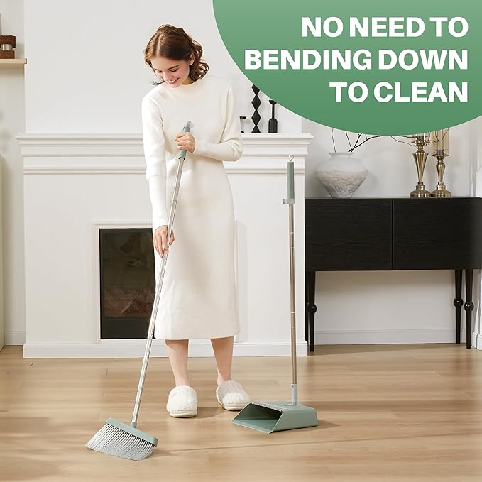 JOYMOOP Dark Teal Green Broom and Dustpan Set with 56” Handle, Upright Angle with Comb Teeth for Pet Hair and Hardwood Floors