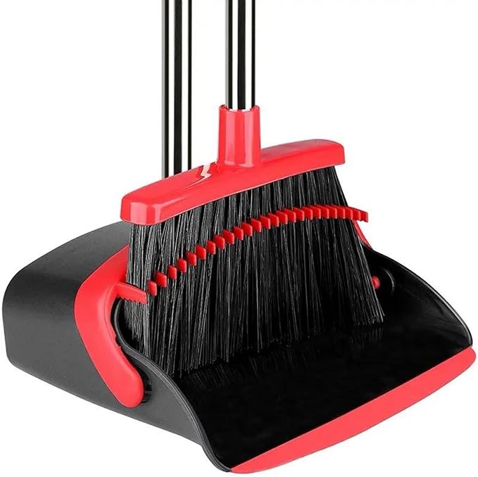 Standing Broom and Dustpan Set, Built-in Scraper Teeth, No-Slip Grip, Dust Collection Tray for Home, Office, Lobby, and Outdoor, Adjustable Handle from 38.18" to 52" (Black and Red)