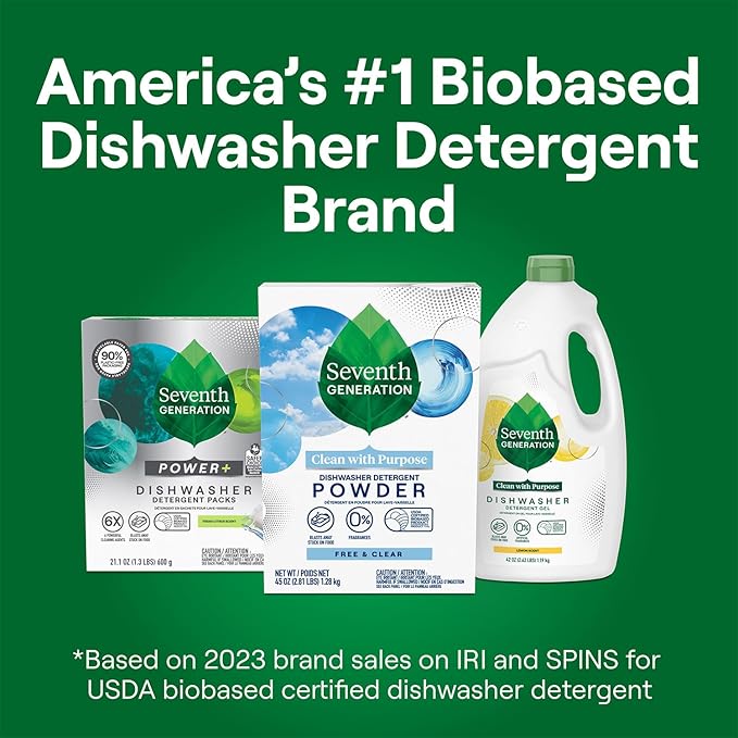 Seventh Generation Dishwasher Detergent Powder + Rinse Aid, Free and Clear, Biodegradable, Plant-Based & Fragrance-Free, Septic Safe