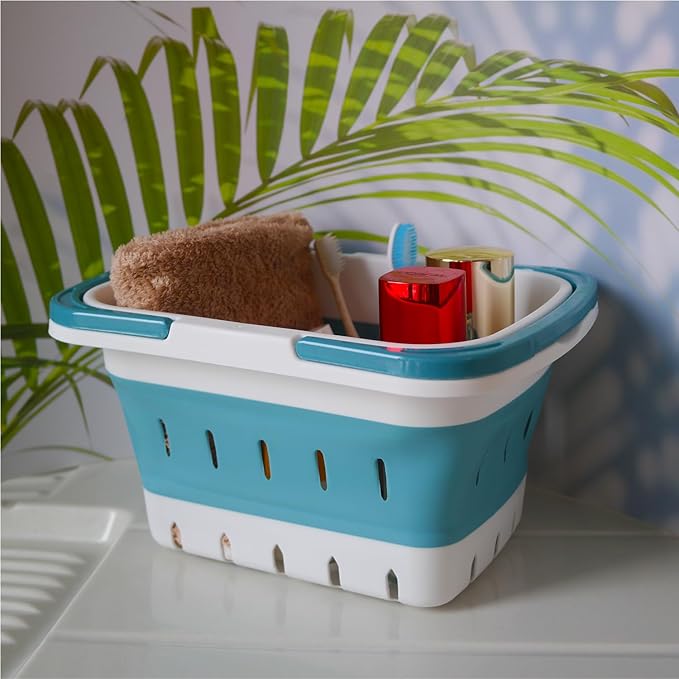 Portable Folding Plastic Bath Shower Caddy with Handle 2 Pack, Perforated, Collapse Travel Bathroom Organizer for Bedroom, College, Shower, Dorm Room, Camping and RV Use (Grey/Blue, 2 pack)