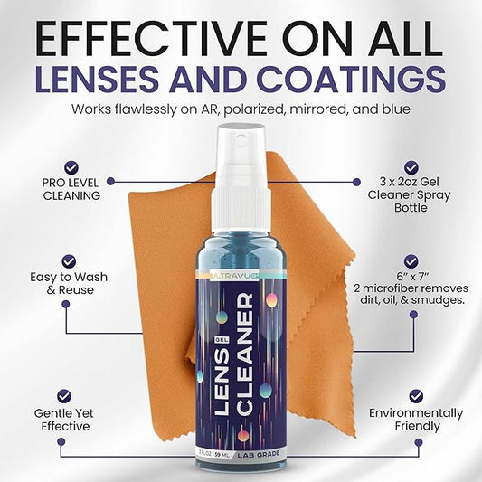 Eyeglass Gel Lens Cleaner Spray Kit - 3 x 2oz Gel Eyeglasses Cleaner Spray Bottle + 2 Microfiber Cloth for Cleaning - Safe for All Lenses (AR Coated Included), Eyeglasses and Screens