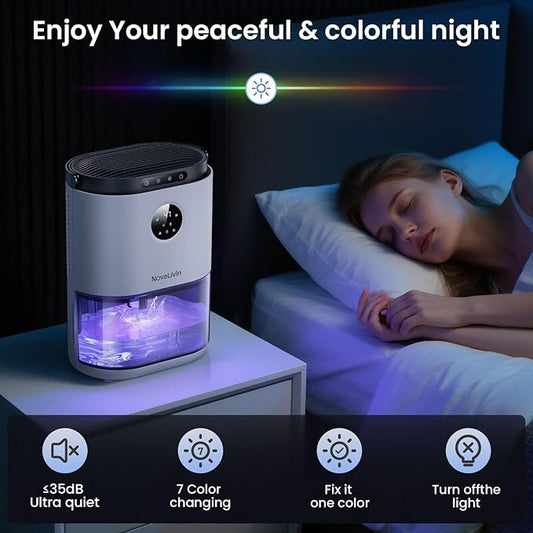 Dehumidifier for Bathroom, Dehumidifiers for Home, Bedroom, Living room with 68 OZ Water Tank, Auto Humidity Control, Digital Display, 7 Color Breathing Light, White