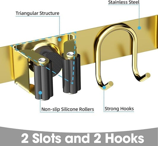 Broom Holder Wall Mount, 2-Pack Stainless Steel Mop and Broom Organizer, Broom Hanger with 2 Slots 2 Hooks for Home Kitchen, Garage, Garden and Laundry Room, Gold