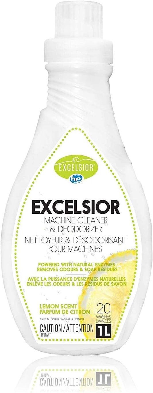 Excelsior HE Washing Machine Cleaner and Deodorizer, Removes Odors & Residues for 20 Cleanings of High Efficiency Washers, Lemon Scent, 1 Liter Bottle