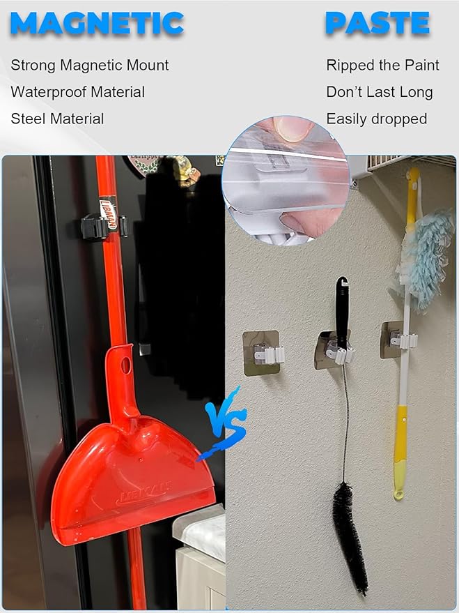 Magnetic Broom Mount, Mop Holder Magnetic No Drilling Magnetic Tool Holder Wall Mount for Garden Tool,Rack Rake,Shovel Handle,Garage,Kitchen,Laundry Tools Organizer-8 PCS/Gray