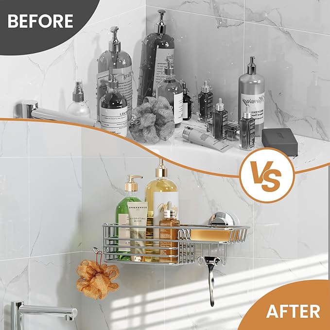 LEVERLOC Shower Caddy Suction Cup, Organizer with Hooks & Soap Holder for Inside Shower, Removable Bathroom Shelf