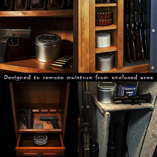 Gun Safe Dehumidifier - Portable Moisture Absorber, 200g Reusable Indicating Silica Gel Desiccant Canister for Gun Cabinets & Safes, Protect 160 Cubic Feet, Aluminum Shell,Silver