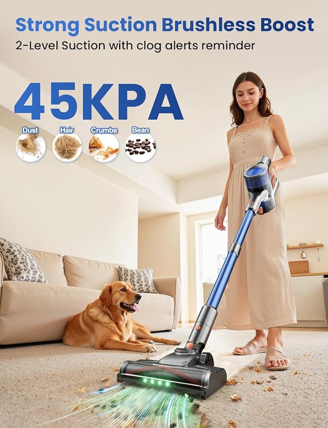 Dzaki Cordless Vacuum Cleaner, Stick Vacuum with Smart LED Display, 50KPA 55Mins Vacuum Cleaners for Home, Powerful Suction, Anti-Tangled Lightweight Rechargeable Vac for Pet Hair, Carpet