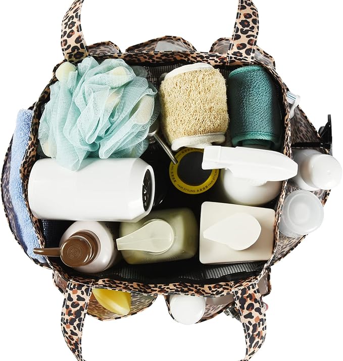 Haundry Mesh Shower Caddy Bag, Portable Basket Organizer with Key Hook for College Dorm Bathroom Camp Gym, Hanging Tote Bag with 8 Pockets, Lepoard