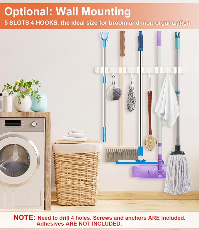 Broom Holder Over The Door Drilling Free Mop and Broom Holder with 4 Over Door Hook, Metal Mop and broom hanger Wall Mount Broom Storage Tool Organizer for Laundry Room Garage Bathroom - white