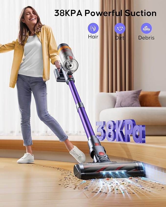 38Kpa Cordless Vacuum Cleaner, 450W Cordless Vacuum Cleaner, Up to 55 Mins Runtime, with 1.5L Dust Cup&LED Display, Purple