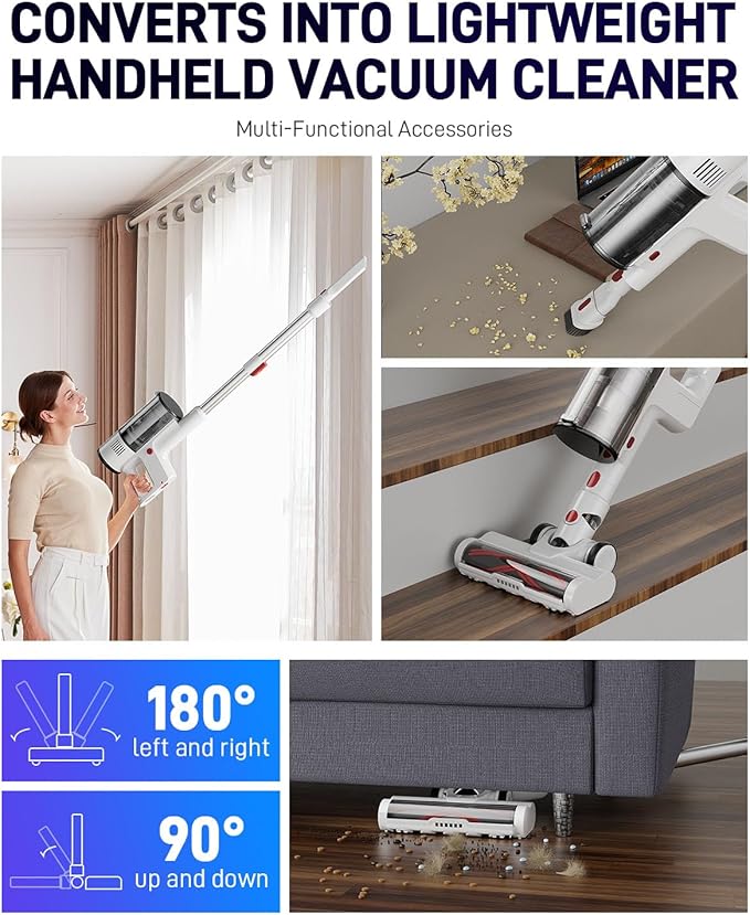 Built for Stairs Cleaning – Lightweight Cordless Vacuum Designed for Stairs, Steps, Edges and Corners. Easy to Carry up and Down with one Hand White