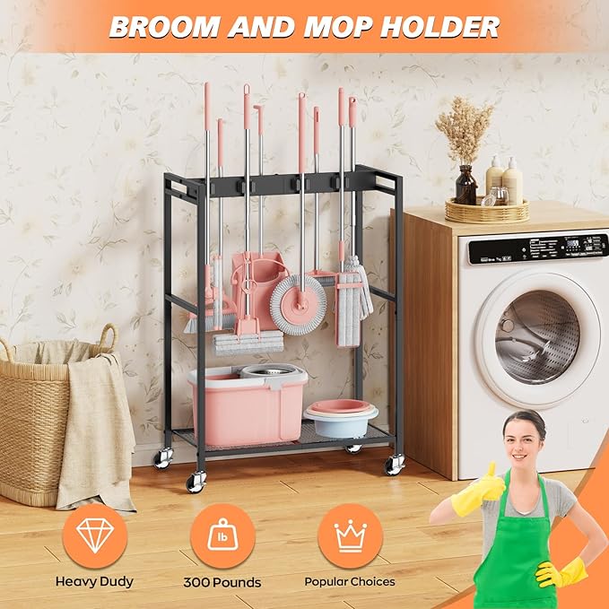 Broom and Mop Holder, Broom Closet Storage Cabinet, Cleaning Cart with Broom and Mop Hanger, Janitorial Cart with Wheels for Household, Laundry Room Organization