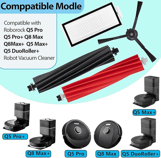 Replacement Accessories Kit Compatible with Roborock Q5 Pro Q5 Pro+(Plus) Q5 Max+(Plus) Q5 DuoRoller+(Plus) Q8 Max Q8 Max+(Plus) Robot Vacuum Cleaner, Include 1 Dual Roller Brush 4 Side Brush 4 Filter