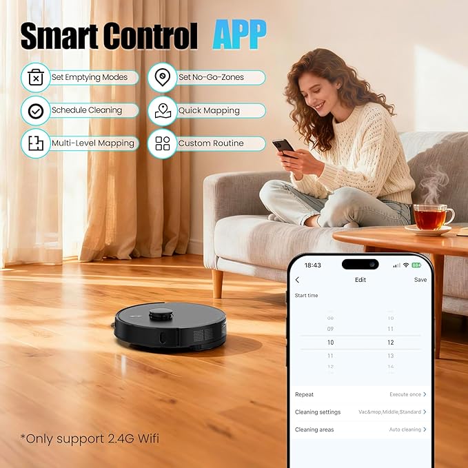 E10+ Robot Vacuums and Mop, 75-Day Self-Emptying, 8000PA Suction, LiDAR Navigation, Home Mapping, APP ＆ Voice Control, 150Mins Runtime for Pet Hair, Hard Floors, Carpets
