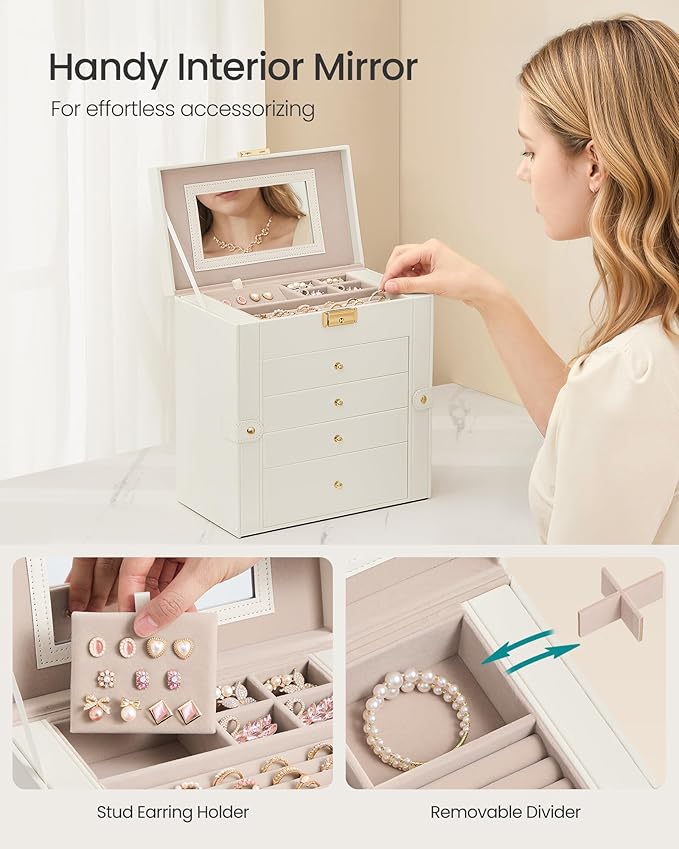 SONGMICS 5-Layer Jewelry Box Organizer with 4 Drawers, Jewelry Storage Case with Lock and Mirror, Large Storage Capacity, Gift for Loved Ones, for Necklaces, Watches, Cream White UJBC153WD01S
