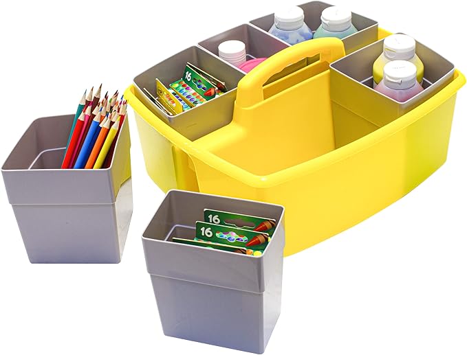 Storex Large Classroom Caddy with Cups, 13 x 11 x 6.575 Inches, Yellow, Case of 2 (00982U02C)