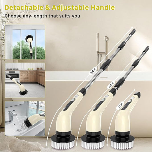 Electric Spin Scrubber, Cordless Cleaning Brush, Shower Scrubber with 7 Replaceable Brush, 2 Speeds and Adjustable Extension Handle for Bathroom Shower Bathtub Glass Car(Beige)