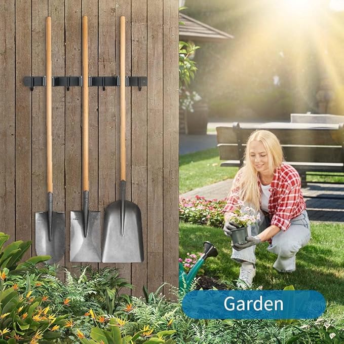 2 Pack Broom Hanger and Mop Holder, Heavy Duty Garden Tool Organizer Rack Rake and Shovel Handle, Stainless Steel Wall Mounted Utility Rack with Screws (4 Racks with 5 Hooks, Matte Black).
