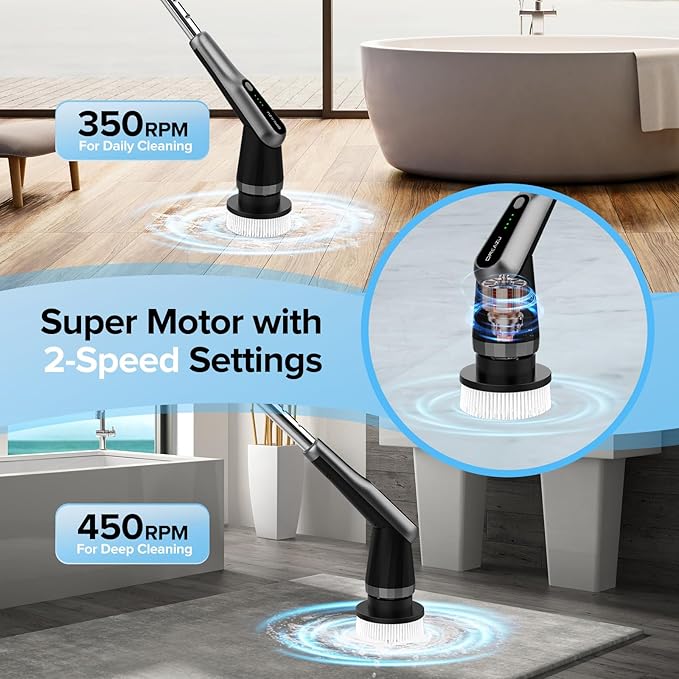 G2 Electric Spin Scrubber - IPX7 Waterproof 10-in-1 Shower Cleaner Brush, Retractable Handle & 2-Speed for Bathroom, Bathtub, Kitchen, Tile Floors
