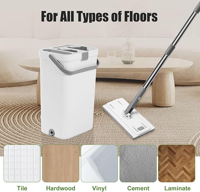 Flat Floor Mop and Bucket Set with Wringer, Flat Mops for Floor Cleaning, Wall Mop Cleaner with Long Handle, Hardwood Floor Mop with 3 Microfiber Pads (F)