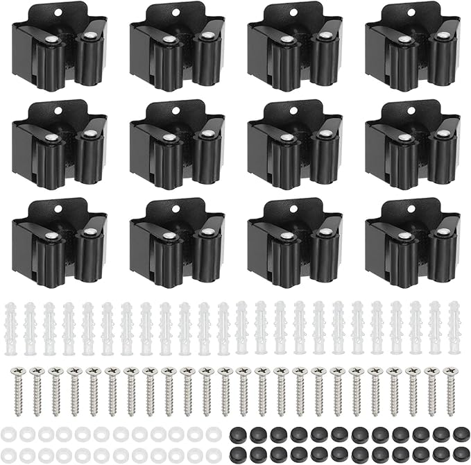 PATIKIL Broom and Mop Holder, 12 Pack Wall Mounted Stainless Steel Mop Hanger Heavy Garden Tool Organizer Rack Hanging Clips with Screws for Home Garage, All Black