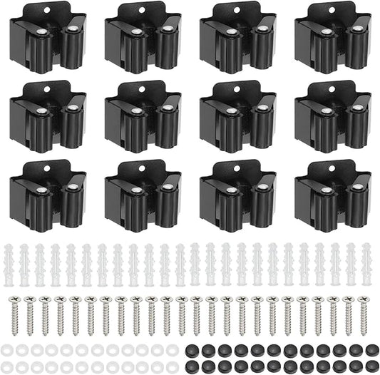 PATIKIL Broom and Mop Holder, 12 Pack Wall Mounted Stainless Steel Mop Hanger Heavy Garden Tool Organizer Rack Hanging Clips with Screws for Home Garage, All Black