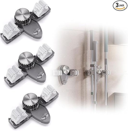 3 Pcs Wall Mounted Broom and Mop Holder Powerful Suction Cups Heavy Duty Garden Tool Organizer Rack for Garage,Self Adhesive Hanger, Spring Laundry Room Cleaning Organization