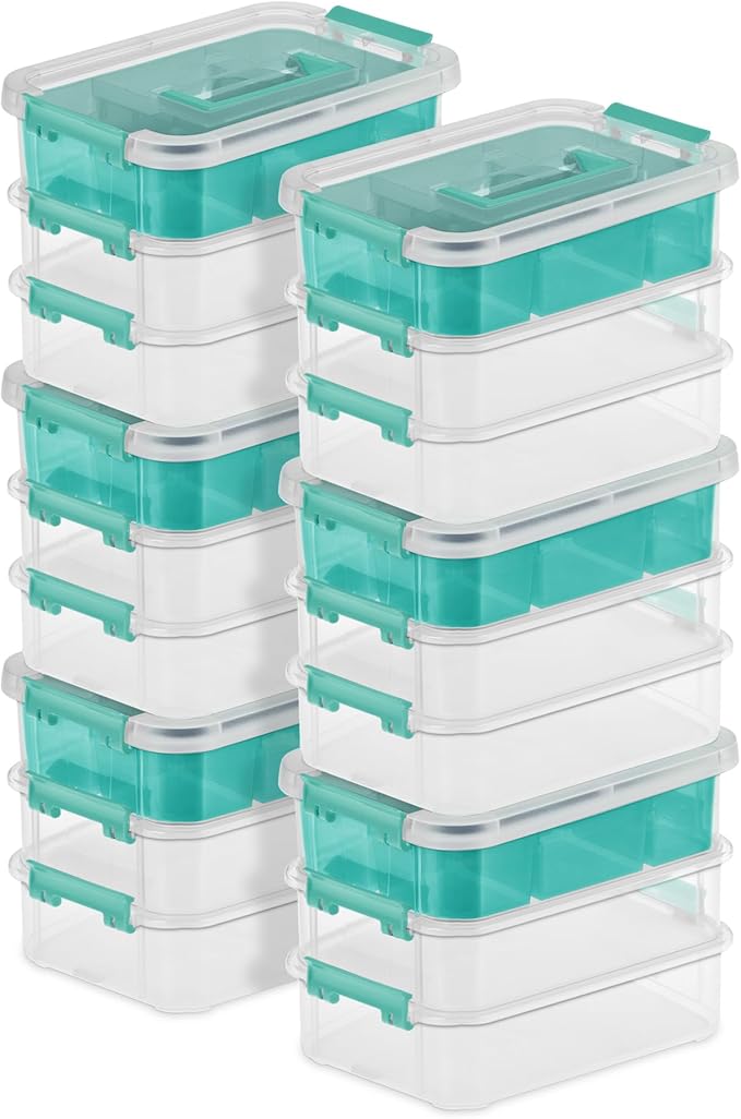 Sterilite 6 Pack Plastic Storage Box Container, 3 Layer, Stack and Carry, Clear/Blue