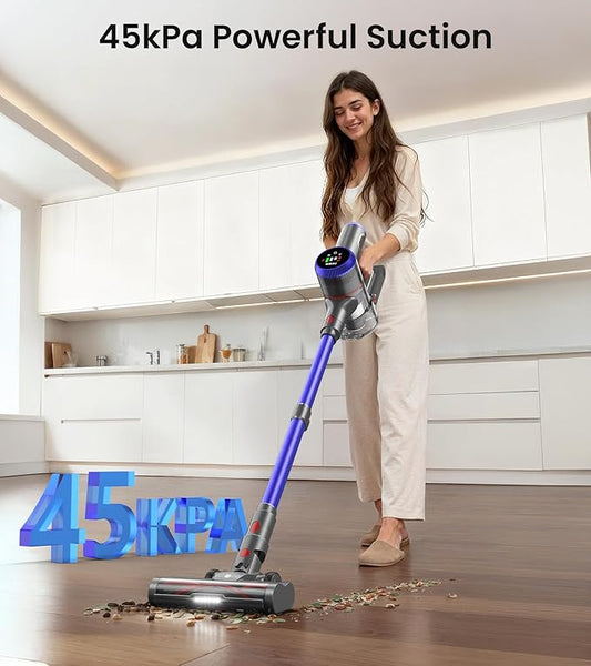 Cordless Vacuum Cleaner, 550W 45kPa 60Mins Vacuum Cleaners for Home with LED Display, Self-Standing Stick Vacuum with Anti-Tangle Brush, Rechargeable Vacuum Cordless for Pet Hair/Carpet/Floor