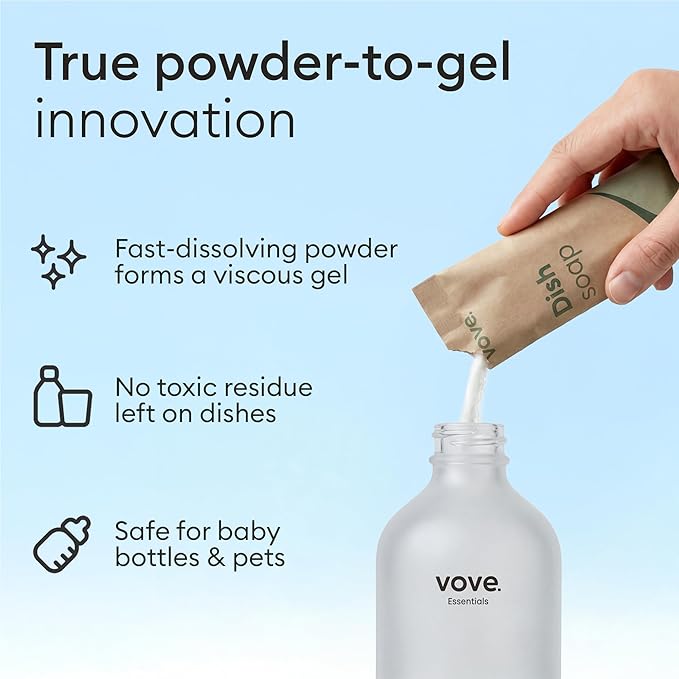 Vove Dish Soap Starter Set with Refillable Glass Pump Bottle & 3 Refills, Bergamot Mint & Basil, Powder-to-Gel Dishwashing Liquid, Plant-Based Concentrated Formula, Plastic-Free Packaging