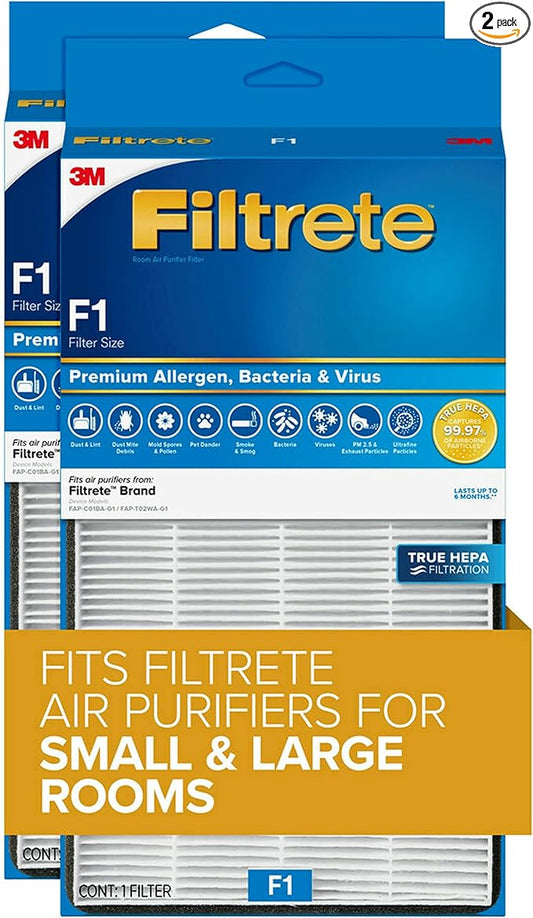 Filtrete F1 Room Air Purifier Filter, True HEPA Premium Allergen, Bacteria, & Virus, 12 in. x 6.75 in., 2-Pack, Works with Devices: FAP-C01BA-G1, FAP-T02WA-G1 and FAP-ST02N
