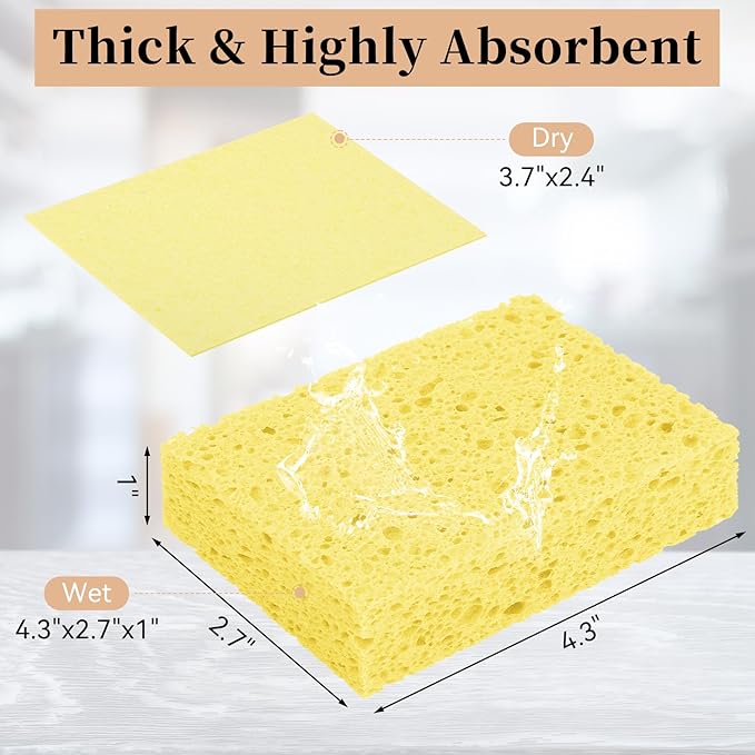 6 Pcs Kitchen Sponges for Dishes Cleaning, Non Scratch for Non Stick Cookware, Compressed Natural Cellulose Sponges, Dish Washing Scrubbers, Scrubbing Pads for Household, Bathroom (Yellow)