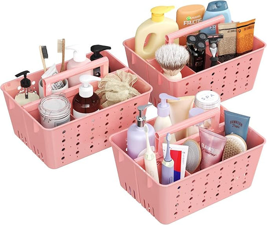 Lifewit Shower Caddy Portable, Plastic Bathroom Organizer with Handle and Holes, Hard Cleaning Basket for Toiletry Storage, College Dorm Essentials, Pink, 3 Packs