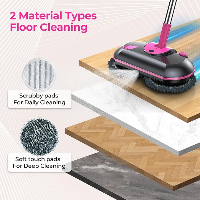 ScrubWiz Cordless Electric Spin Mop with Water Sprayer, 300ml Tank Self-Propelled Floor Cleaner for Hardwood & Tile, Quiet Cleaning, Adjustable Handle, 2500mAh Long-Lasting Battery, Pink