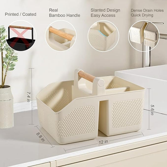 rejomiik Shower Caddy Portable with Bamboo Handle, Plastic Basket Cleaning Caddy Organizer Storage Tote for Bathroom, College, Dorm Room Essentials, Cream